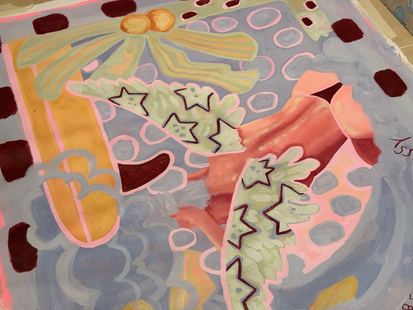 Detail of the painting 'Maybe a Little Too Messy': green star-patterned wings and a pink figure