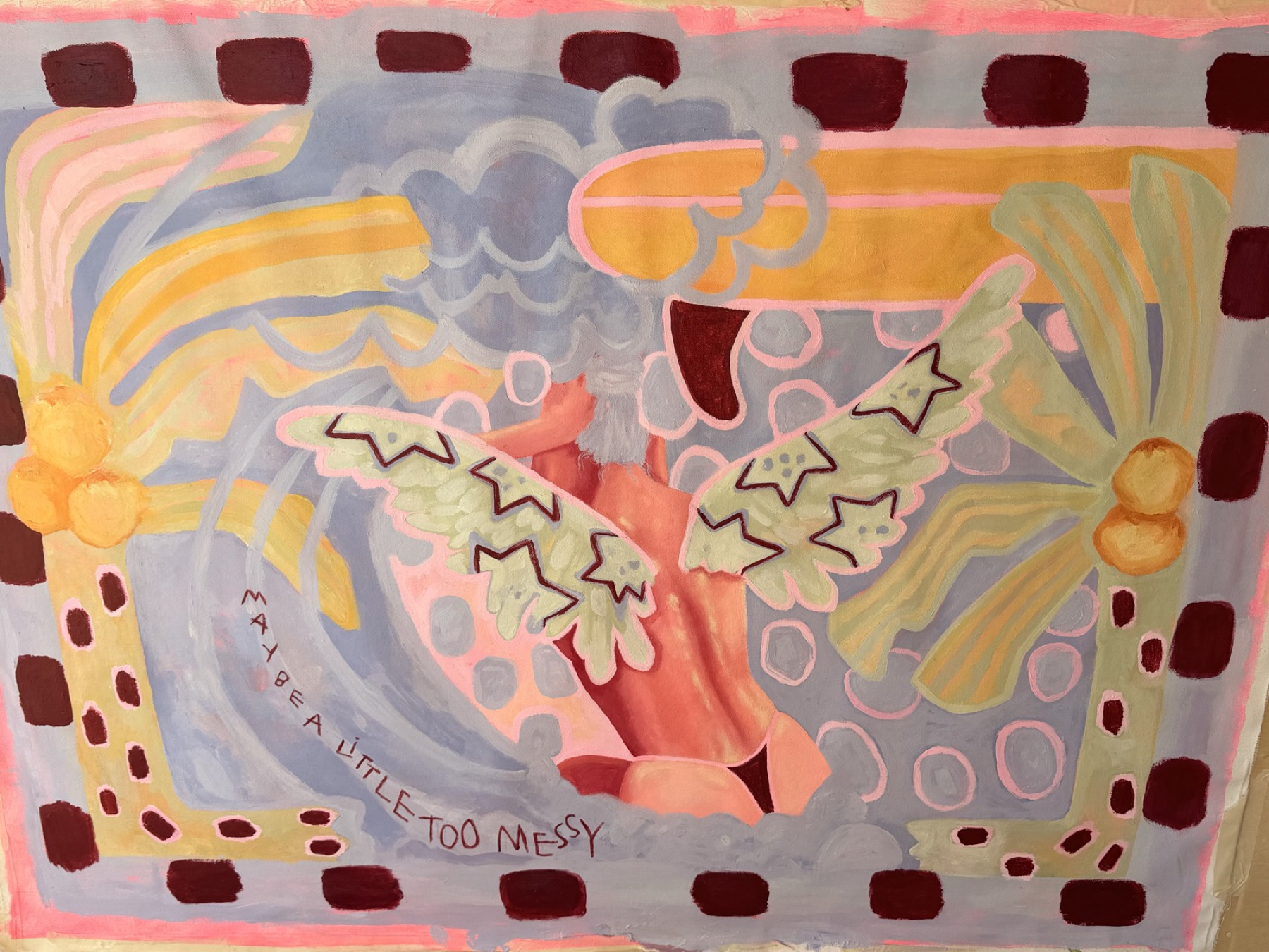 Painting of a winged figure among pastel shapes, framed by a border of burgundy squares, with the words 'Maybe a little too messy'