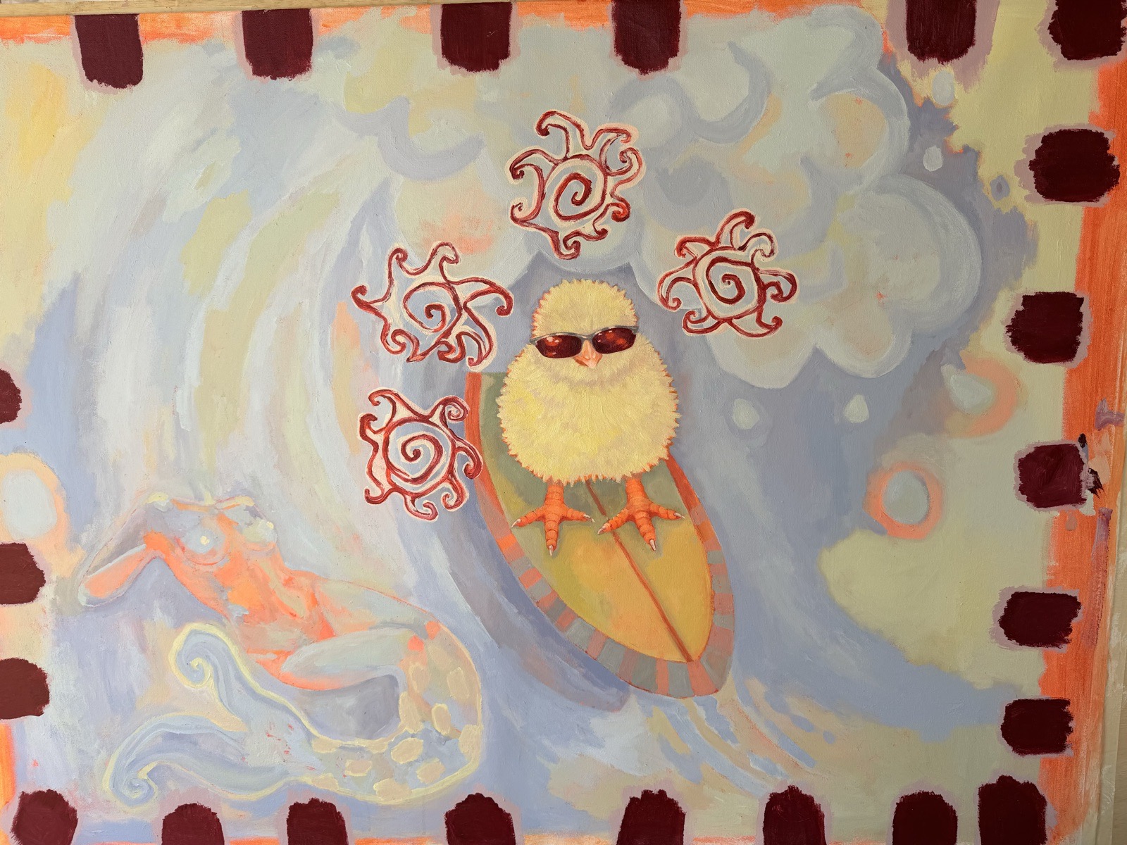 Painting of a yellow chick in sunglasses riding a surfboard on a pastel wave, framed by burgundy squares